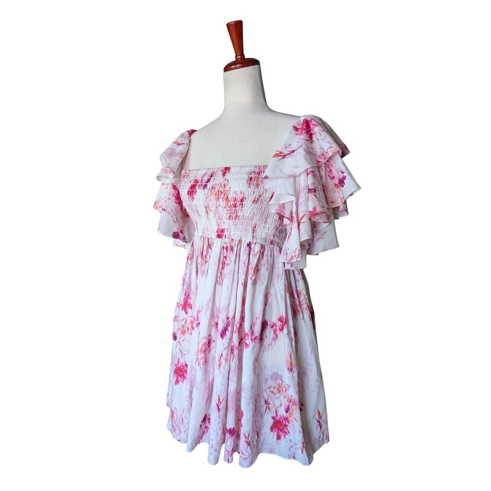MISA Los Angeles Dina Pink Floral Smocked Ruffle Mini Dress Womens Medium - Picture 3 of 9